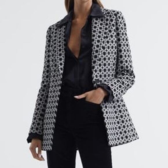 Reiss Bianca Single Breasted Jacquard Blazer Black and White Women's Size 4 NWOT